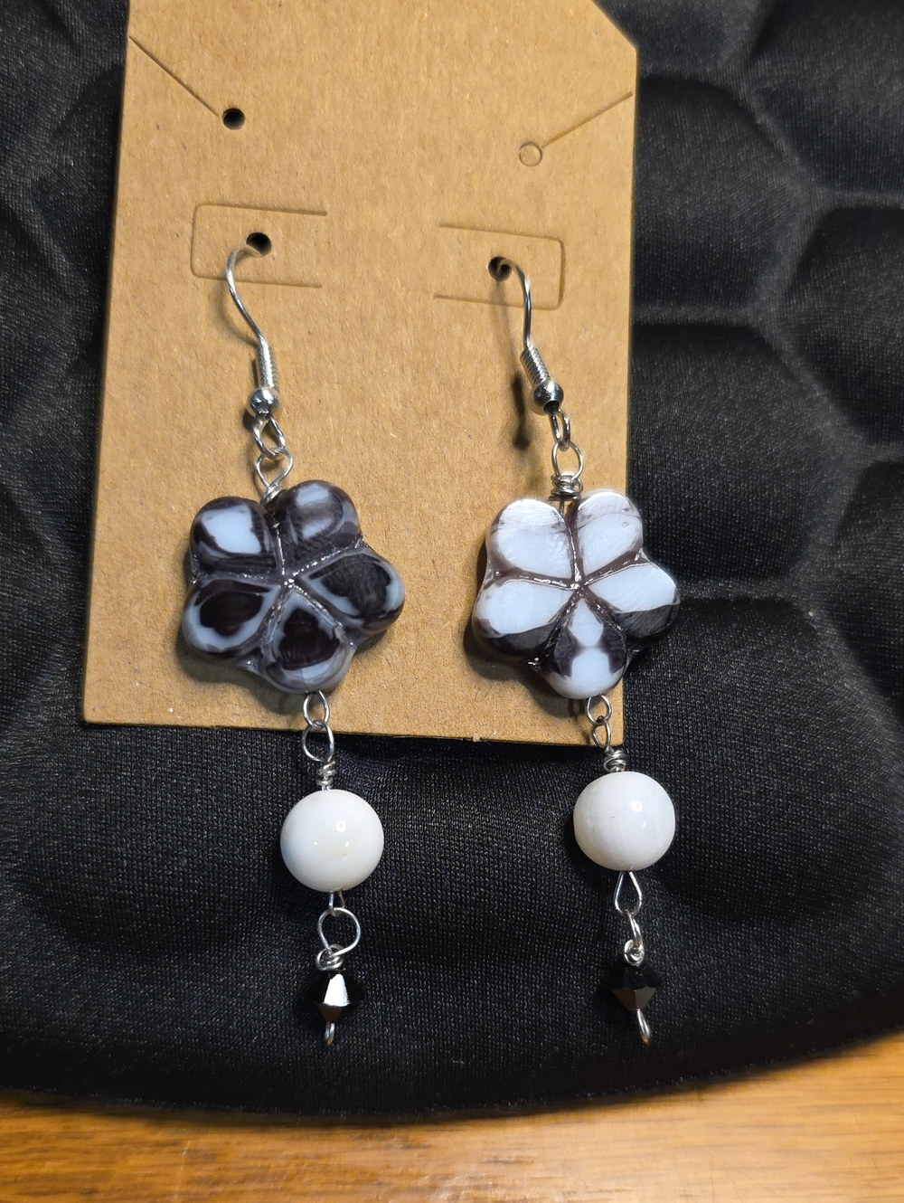 Handcrafted Black & White Flower Dangle Earrings